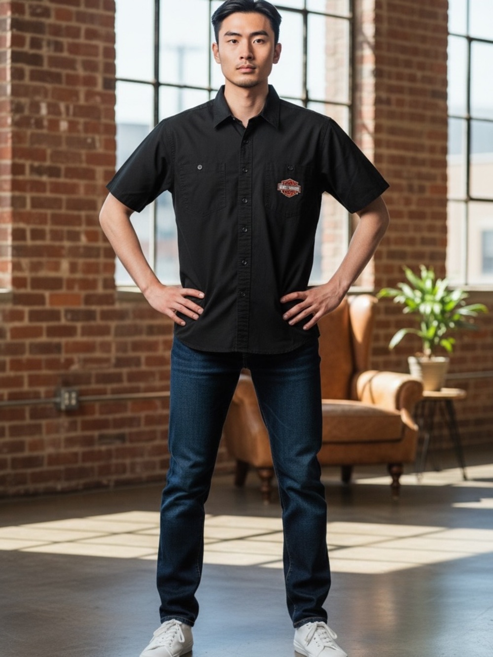 Vintage Harley-Davidson Black Short-Sleeve Button-Down Work Shirt